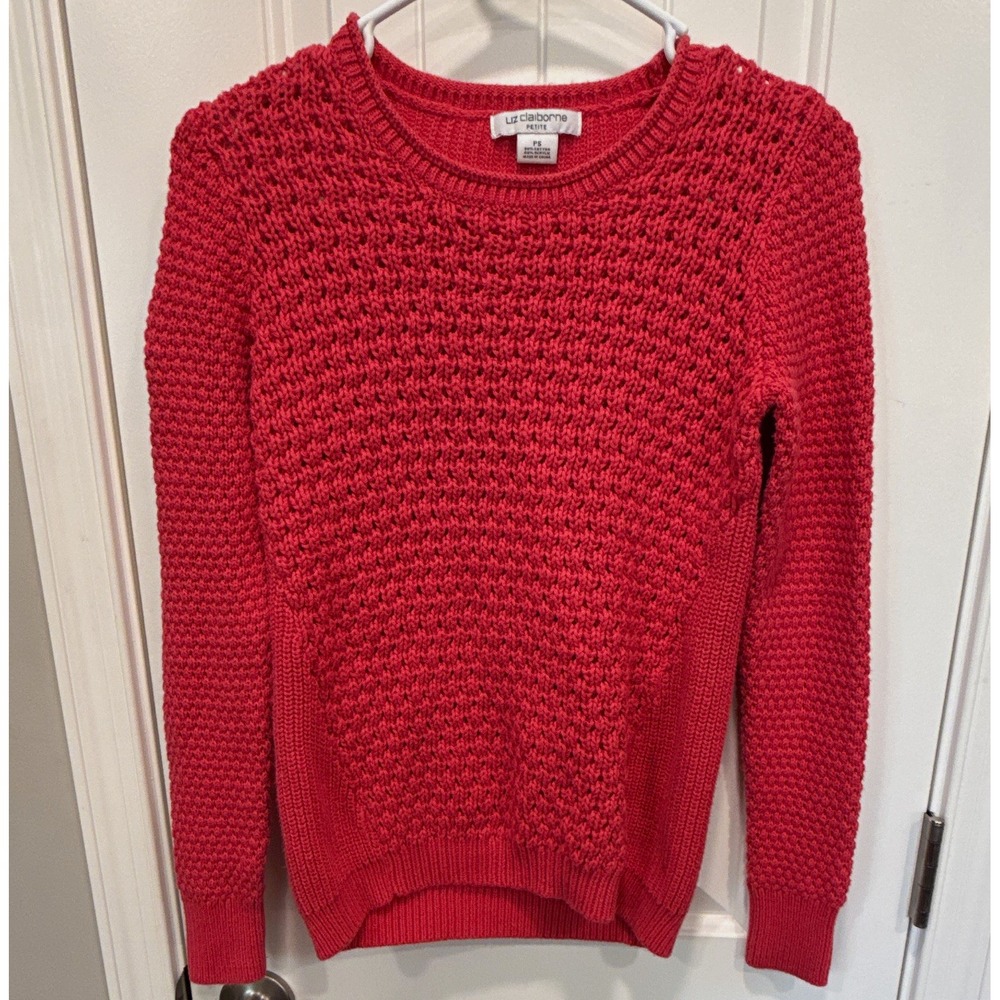 Liz Claiborne Women's Petite PS Red Cable Knit Crewneck Pullover Sweater